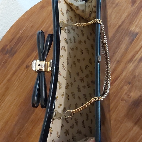 Vintage Black VINYL RETRO Bow Clutch evening bag Gold strap Sleek elegant